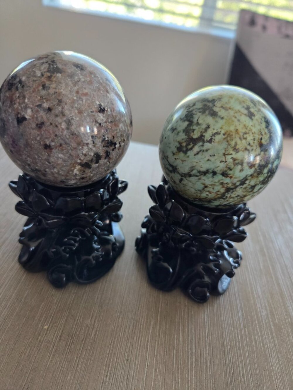 2 Large Crystal Spheres Lotus Style Stands African Turquoise Jasper Yooperlite